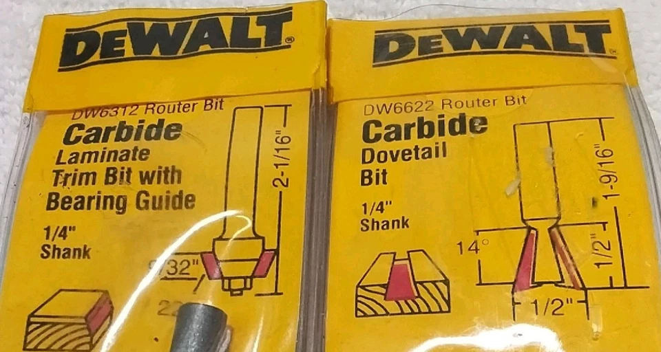 2pc DEWALT DW-6312&DW-6622 1/4" SHANK 22°TRIM BIT WITH BEARING &1/2"'DOVETAIL - Image 2 of 3