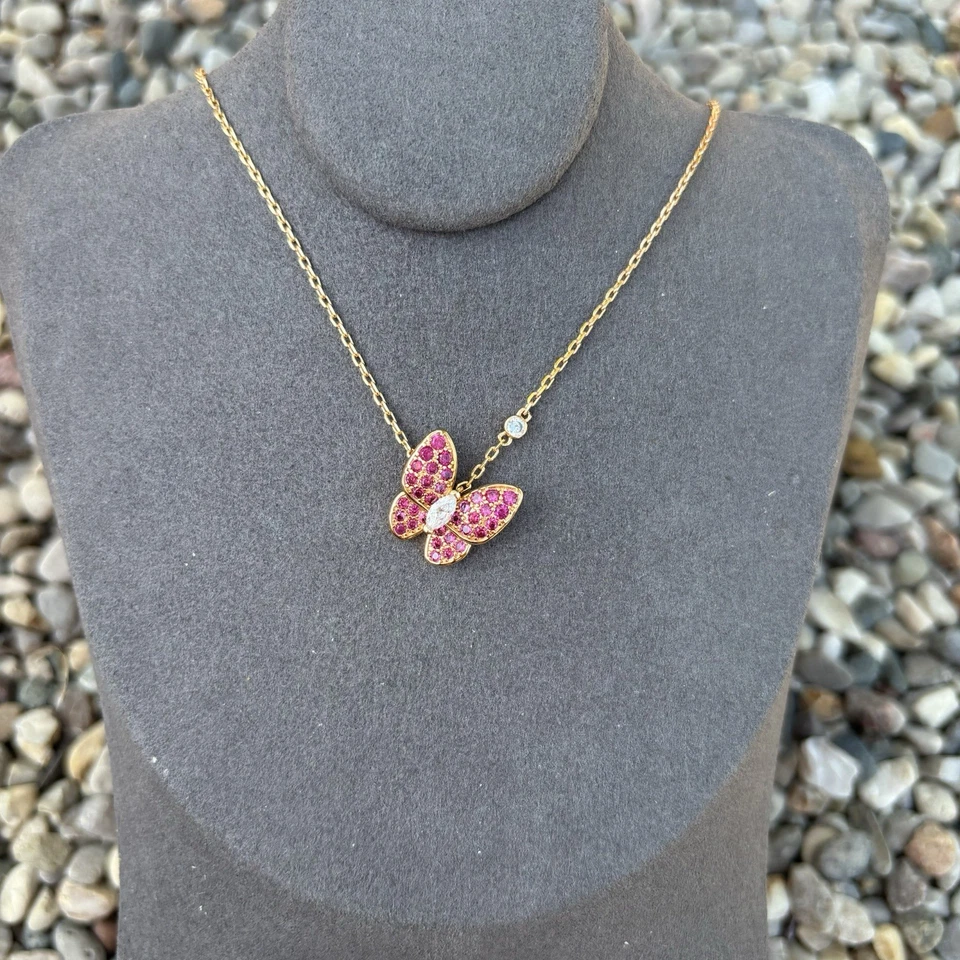 Butterfly Pendant Necklace, 18k Rose Gold Plated,  Pink Crystals,  16in - Image 2 of 4