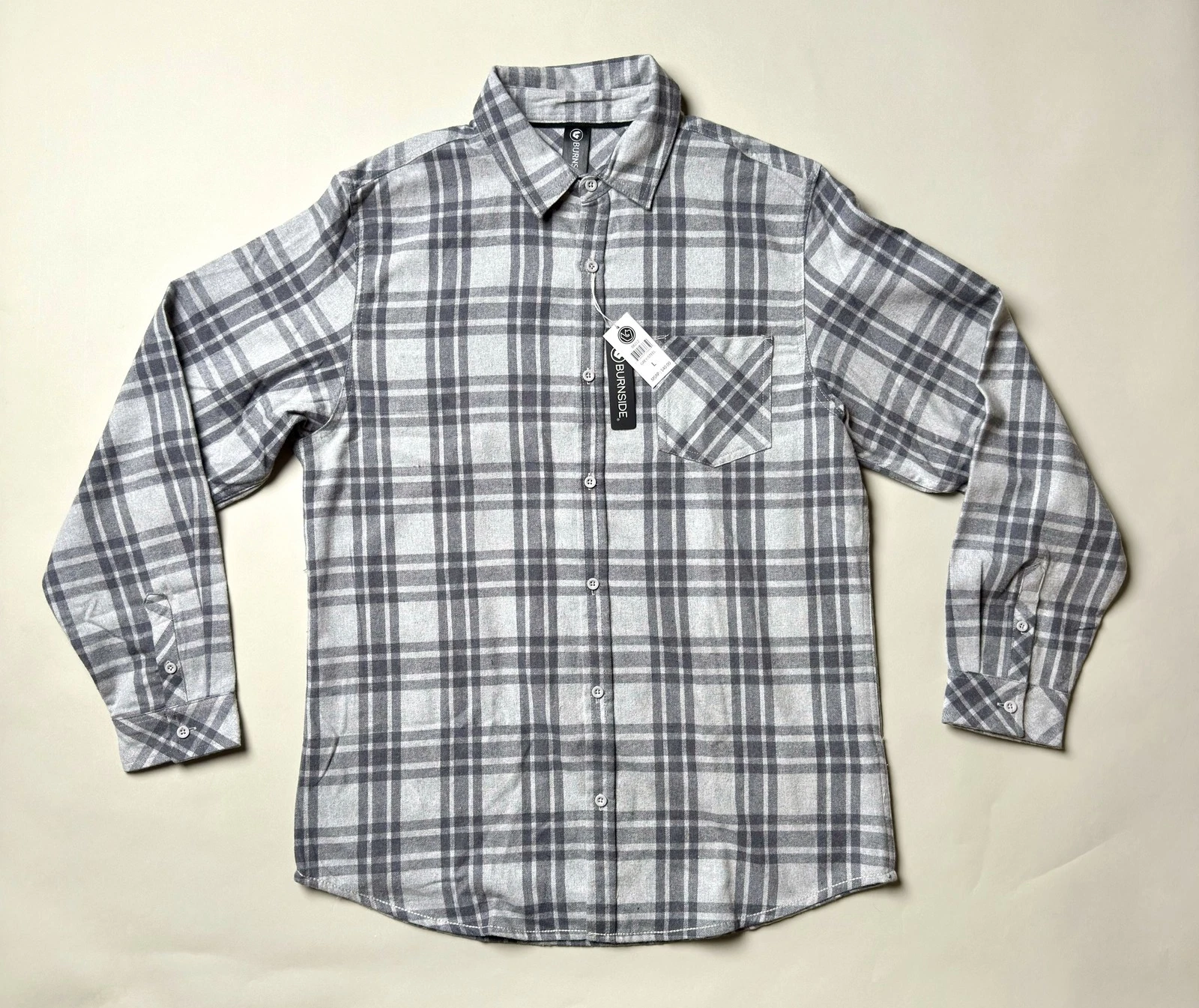 Burnside Shirt Mens Large Grey Steel Plaid Button Up Long Sleeve Pocket Flannel