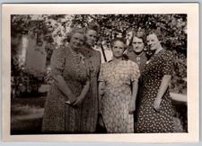 Vtg B&W Snapshot Five Women Floral Polka Dot Pattern Dresses Outdoors 1940s