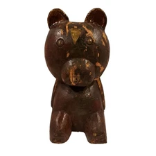 Folk Art Brown Bear Teddy Primative Hand Carved Wood & Metal OOAK  Vtg/Antique