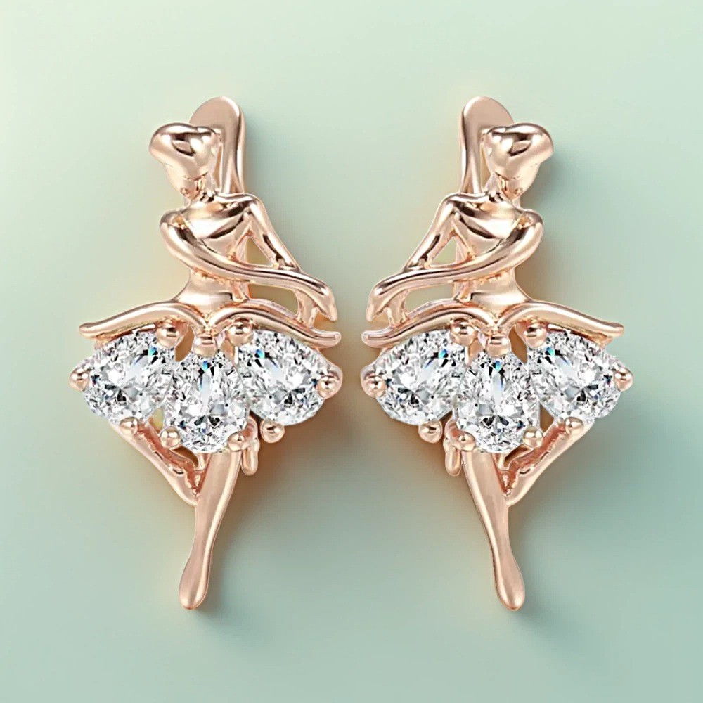 Pendientes bailarina chapado en oro 585 oro rosa enrollado con circonitas azu...