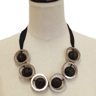 MARNI Mesh Ball Metal Combination Ribbon Necklace, Black/Silver Color Women USED