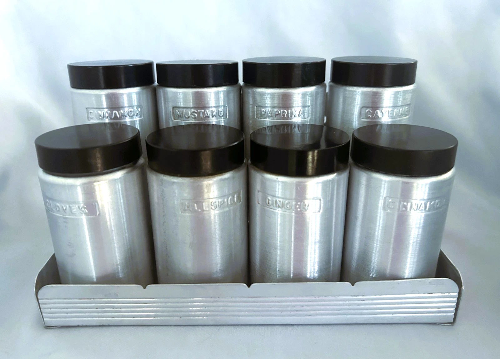 Vintage Kromex MCM Spun Aluminum Spice Set w/Bakelite Lids, Sifting Lids & Rack