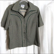 Vintage 70s Nelly Don Green Striped Zip Collared Androgynous Bowler Shirt Large