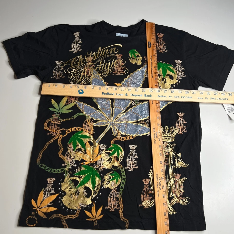 Camiseta De Colección Christian Audigier XL Negra Lámina Gráfica Hoja de Hierba Estrás Foto 3 de 4