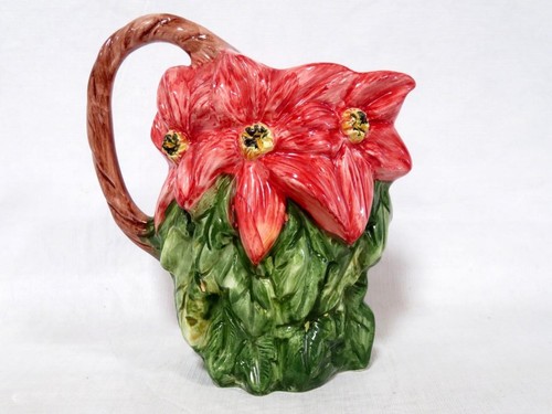Vintage Majolica Poinsettia Ceramic Pitcher Made In Italy for Neiman Marcus - Picture 2 of 13