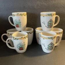 Thomson Pottery BIRDHOUSE Birds Vines Hearts 12oz 4" Tall Mug Cup  Set 8 VGUC