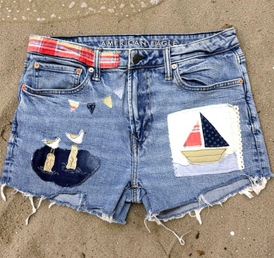 Boho Upcycled Denim Jorts OOAK Nautical Patchwork Coastal Reworked Size 10 / 32