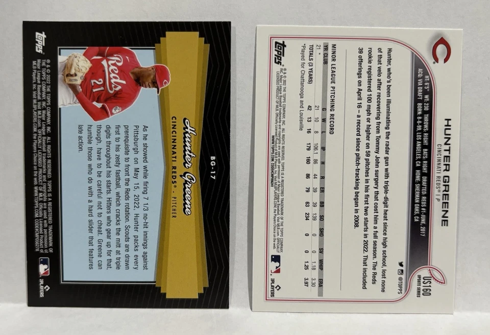 2022 Hunter Greene (2) RC Lot -Topps Black Gold Mini Diamonds #BG-17 + RC #US160 - Image 4 of 4