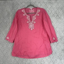 Charter Club Linen Split Neck Tunic Large Pink Beaded Summer Cruise Resort Chic