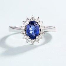 2.2ct Lab-Created Blue Sapphire Cluster Flower Solitaire Ring White Gold Plated