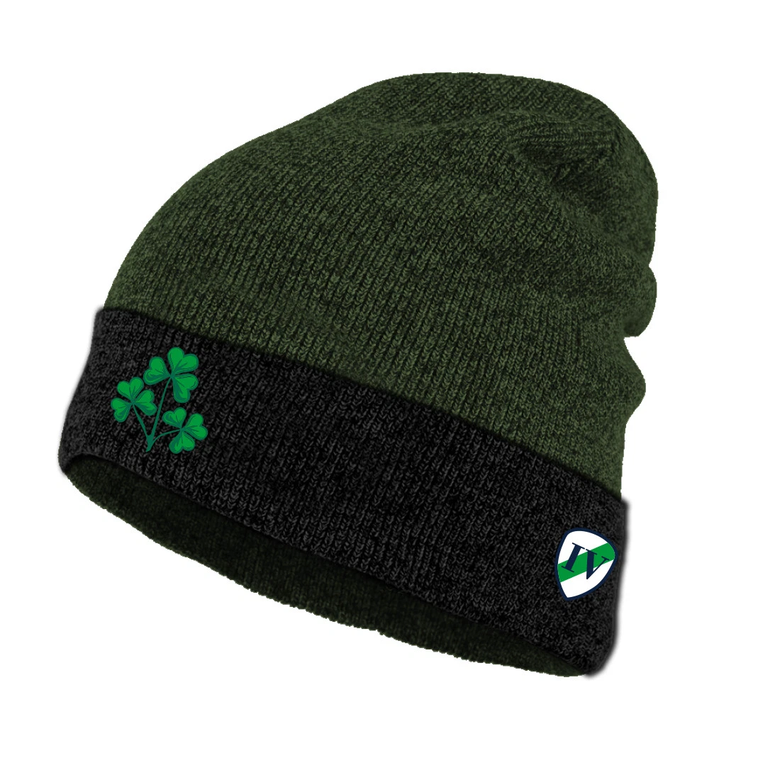 Irish Knit Hat Lansdowne Black and Green Shamrock Turn Up