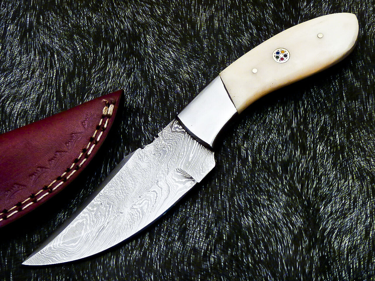 Custom Hand Forged Damascus Steel 8.0" Skinner Camping Knife CAMELL BONE FR-1807