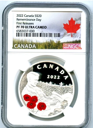 2022 $20 CANADA SILVER PROOF NGC PF70 REMEMBRANCE DAY POPPY FIRST RELEASES