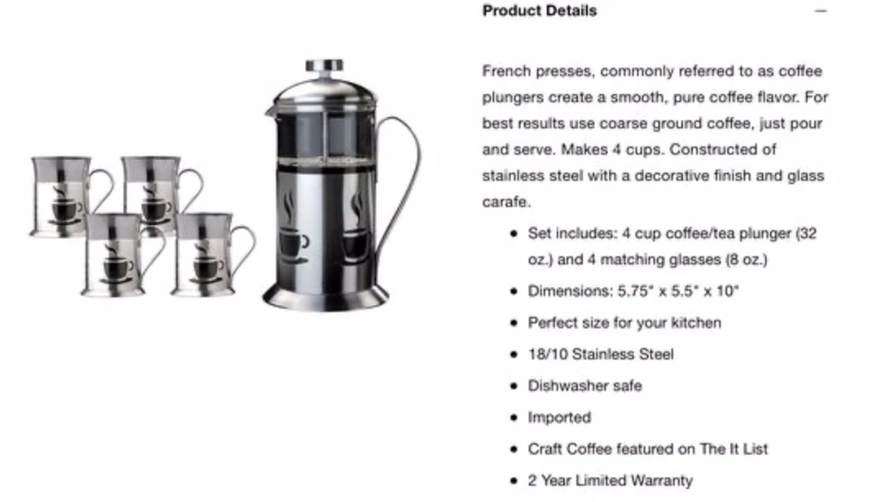 BergHOFF Prensa Francesa Juego de Prensa de Café Gourmet 5 Piezas, Nuevo Con Caja Foto 2 de 4