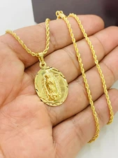Virgen De Guadalupe Pendant Necklace Cadena De Oro Laminado Mens Rope Chain 24"