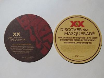 Bier Untersetzer ~ 2011 Dos Equis Lager ~ Discover The Masquerade ~ Aztec