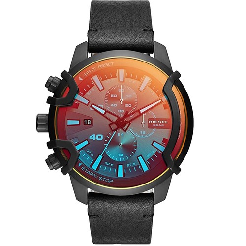Diesel Grey Dial Black Genuine Leather Strap Chronograph Men's
