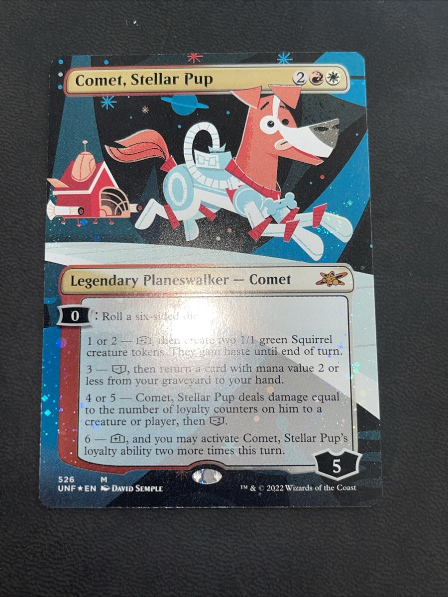 MTG Comet, Stellar Pup (Borderless) (Galaxy Foil) - Unfinity MTG Comet, Stellar Pup (Borderless) (Galaxy Foil) - Unfinity