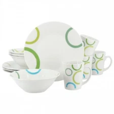 Gibson Home Green Loops 12 Piece Round Fine Ceramic Dinnerware Set In White