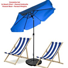 Garden Parasol Umbrella & Wooden Deck Folding Chair Lounger Sunbed Beach Seaside