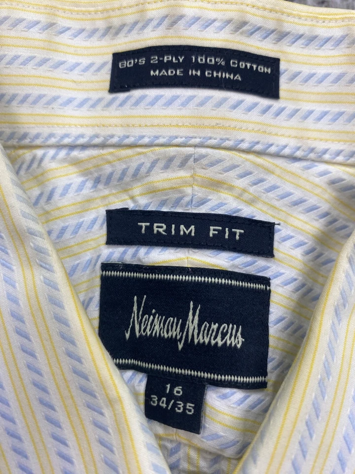 Camisa Neiman Marcus Hombre 16 34-35 Ajuste Ajustado Amarillo Espiga Rayas Oxford Foto 3 de 4