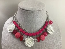 CHARMING CHARLIE Rose Flower Statement Necklace Chunky Collar Hot Pink Barbie