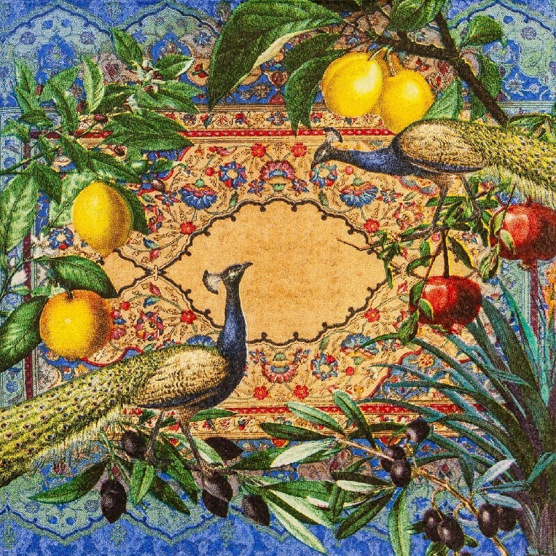 4 x Lunch Napkins/33cm/3Ply/Decoupage/Fruit/Leaves/Peacocks/1001 Nights