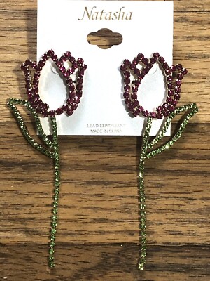 Red Roses With Green Leaves Earrings With Red And Green Crystals