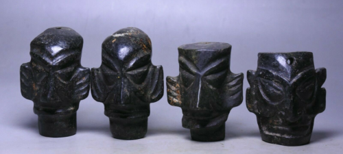 6.5cm Old Hongshan Culture Meteorite Iron Stone Sanxingdui People Head Mask Set