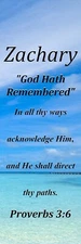 Zachary "God Hath Remembered " Keepsake Name Meaning Bookmark w/ Verse & Tassel