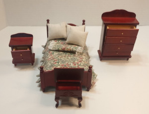 Vtg dollhouse furniture (bed, nightstand, chest of drawers, side table)