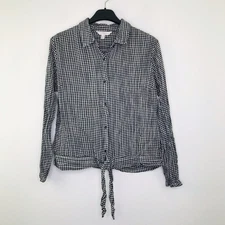 LC Lauren Conrad Women L Blouse Tie Front Collared Button Up Checkered Black Z14