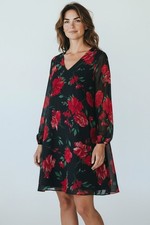 NWT Nine West Women's Dress Black Ruby Red Floral Rose V-Neck Long Sleev Sz M