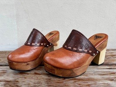 John Fluevog Commune San Jose Leather Wooden Platform Clogs Brown 8 w/ Box