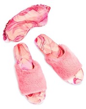 INC 3 Piece Pink Fuzzy Faux Fur Cushy Slippers Size 7-8 and Sleep Mask Set