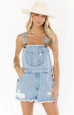 Show Me Your Mumu Georgia Denim Shorts Overalls Light Tide Size L Distressed