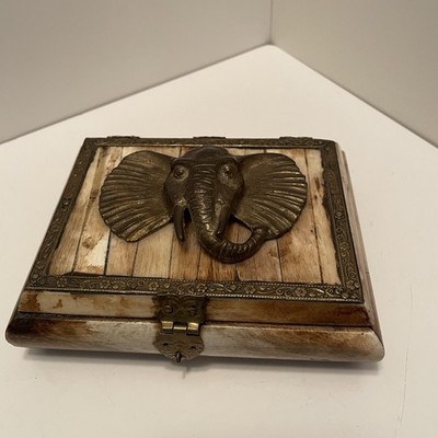 Vintage Camel Bone & Brass Trinket Box With Brass Elephant And Owl Clasp/Hinges