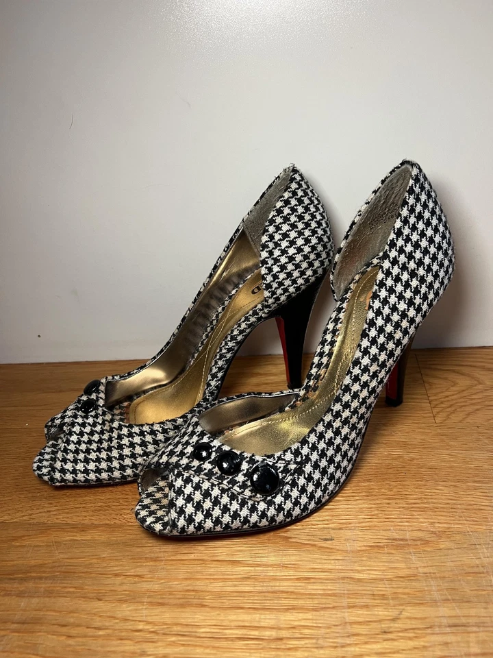 Zapatos de salón Kenneth Cole pata de gallo punta abierta para mujer 7 suela de cuero negro blanco Foto 3 de 4