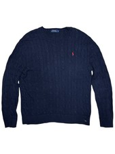 Polo Ralph Lauren Mens Cable Knit Sweater Navy Blue Size L Crew Neck Jumper