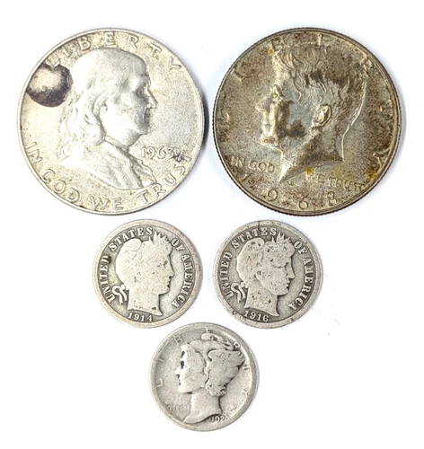 LOT 5 US Silver Coins! Barber Mercury Dime JFK 40% Half and Franklin Half Dollar