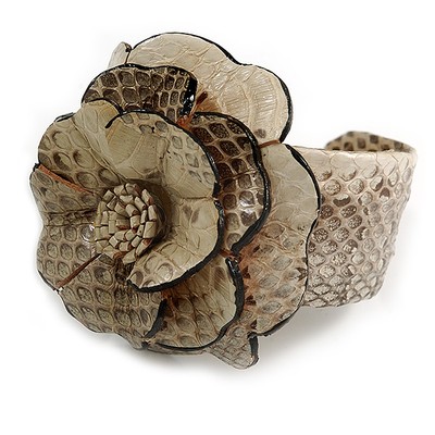 Statement Off White/Grey Snake Print Leather Flower Flex Manschette Armreif Armband