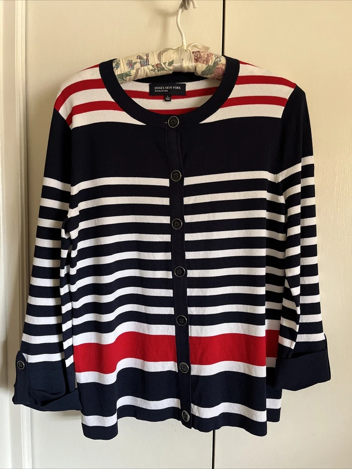 NUEVO SIN ETIQUETAS JONES NEW YORK FIRMA LG PUNTO RAYAS TOP SUÉTER ROJO BLANCO AZUL MARINO Foto 2 de 4