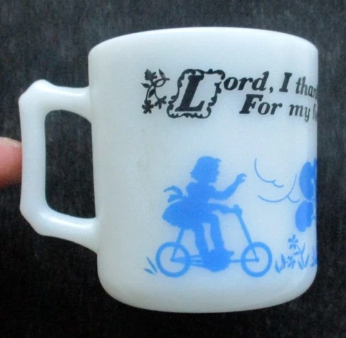Lord I Thank Thee Hazel Atlas Milk Glass Child's Cup Prayer Vintage Mug Coffee