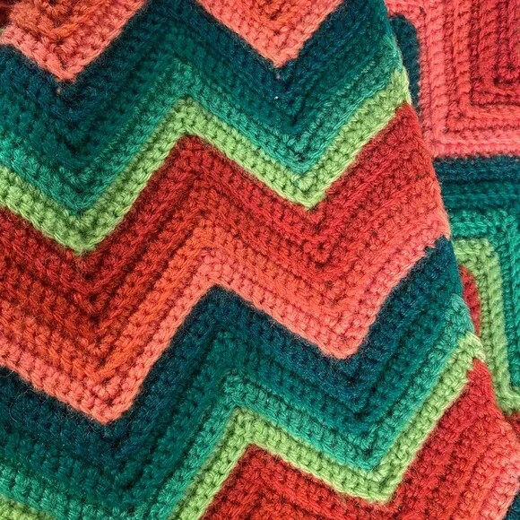 Vintage Handmade Greens Oranges Zigzag Pattern Afghan Size