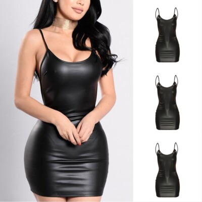 Schwarz Sexy Kunstleder Kleid Rückenfrei Club Party Kurz Kleid Wetlook Latex Bod