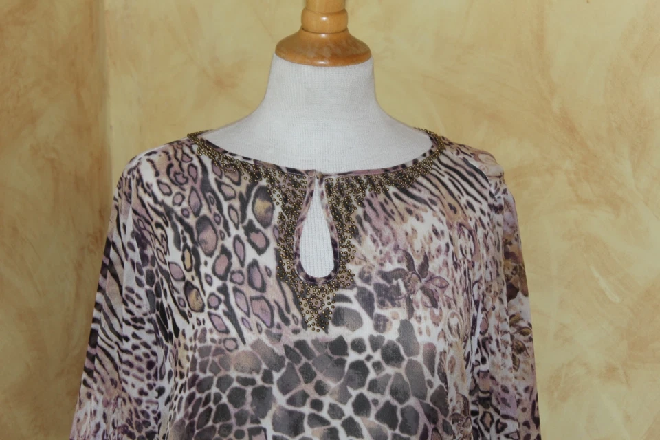 Chico's Soie Art-To-Wear Perlé Neutres Floral Animal Haut Tunique Imprimé Sz 2 L - Photo 2/4
