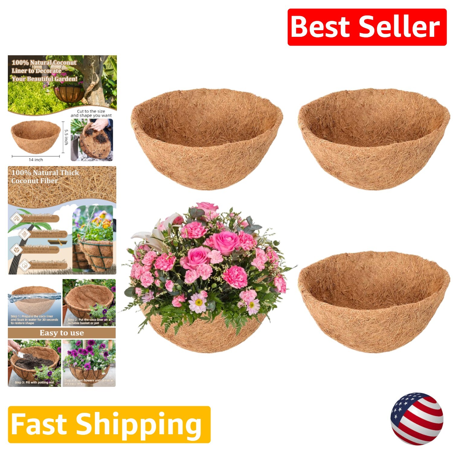 Eco-Friendly Coconut Coir Plant Pot Liners - Set of 4 for Stunning Floral Arrangements
