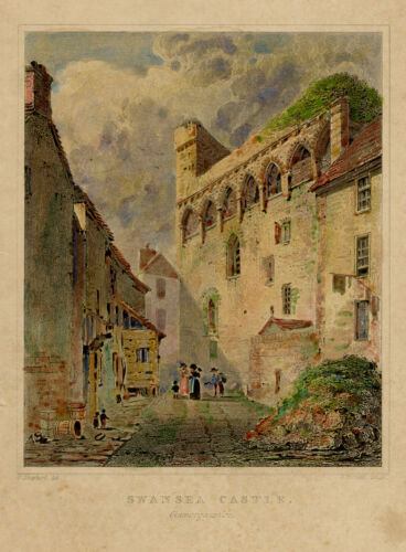 Swansea Castle, Glamorganshire - Original Frühes 19. Jahrhundert Gravurdruck - Bild 1 von 3